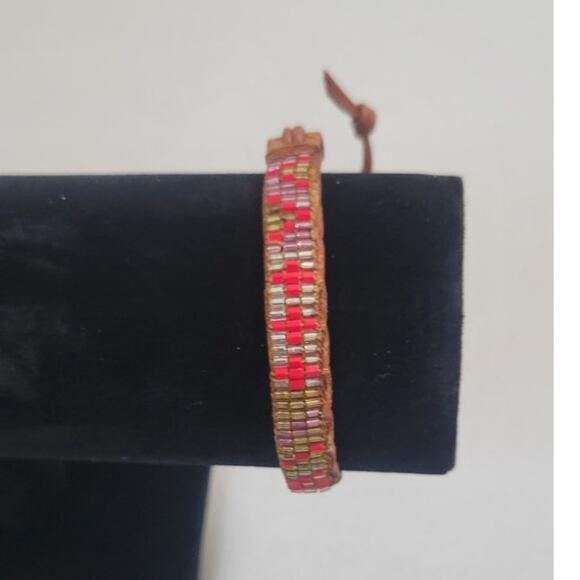 Serefina Anthropologie Beaded Bracelet Adjustable Brown/Red Boho Casual NWT - Picture 2 of 6
